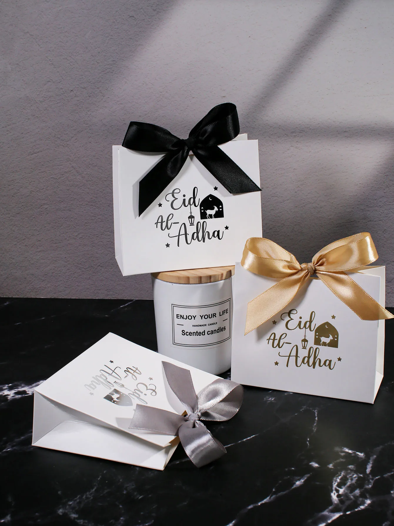 10 Stück elegante Eid al Adha Geschenkbox, schwarzes Gold-Silberband, Schafmuster-Kombination, Festival-Feier