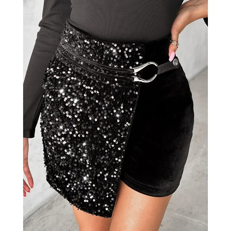 Women's Solid Color High Waist Straight Shorts Spring 2024 Autumn New Shorts Women Fashion Sequins Stitching Tied Velvet Shorts