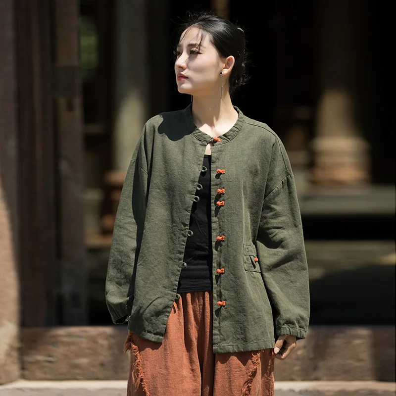 Cotton Linen Women's Literary Vintage Ramie Tops Shirt Women's Patchwork Colour Plate Button Lapel Cardigan Jacket Chinese Style