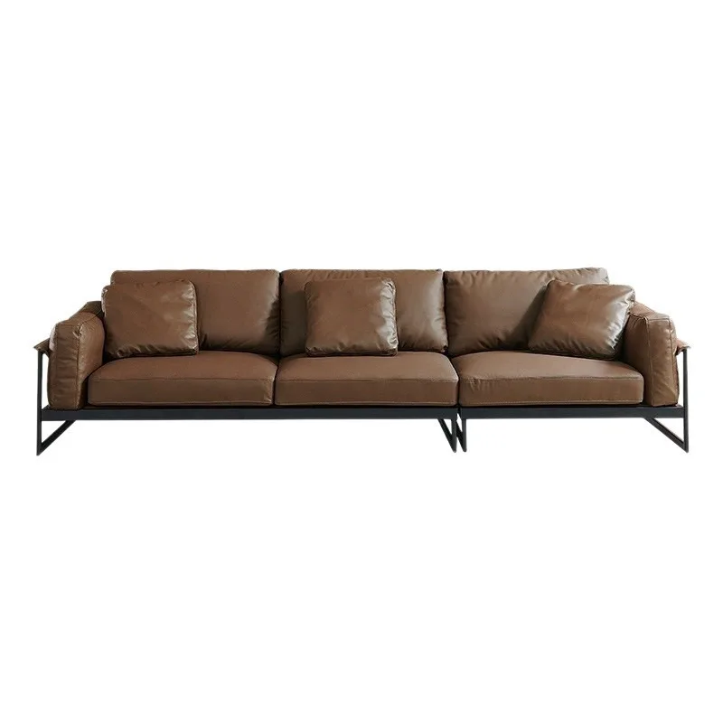 Italian minimalist leather sofa cowhide small apartment living room modern simple wrought iron inline three-seater sofa combinat