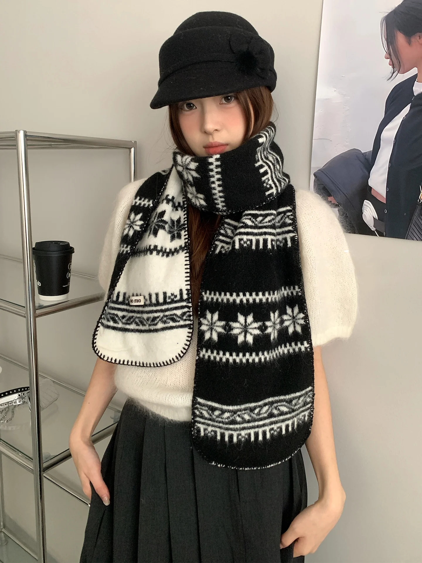 厚手のウールニットスカーフ両面タッセルショール女性用冬暖かい首保護スカーフレトロフェアアイルパターン