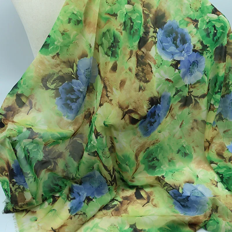 New Floral Chiffon Fabric Summer Fashion Peach-Skin Quality Scarf Dress Craft DIY Material 1 Yard