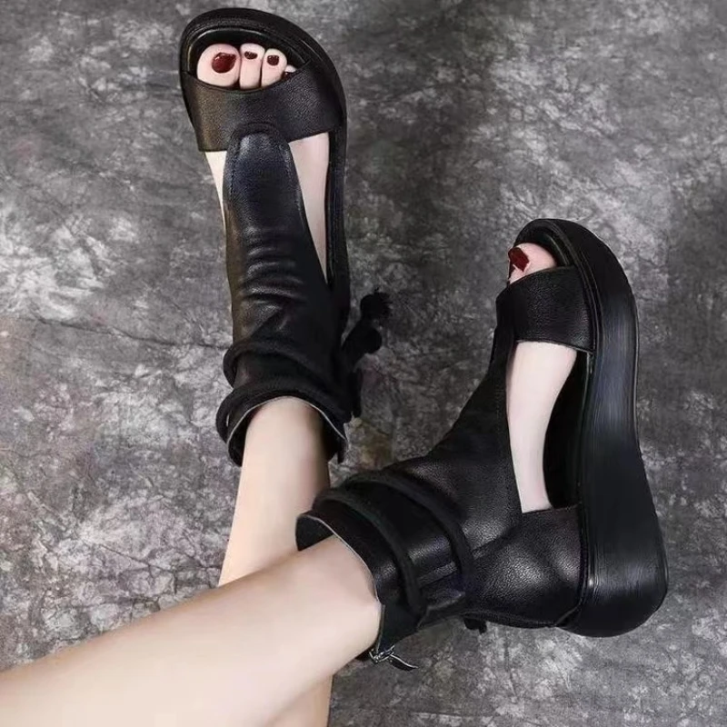 Nieuwe Damesschoenen Vis Mond Zacht Pu Leer En Koeienhuid Zomer Romeinse Schoenen Vrouwen Sandalen Platform Verhoogde Schoen Sleehakken Sandalen