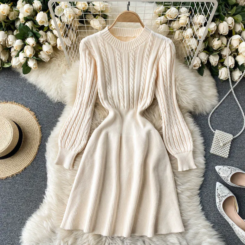 Fried Dough Twists Knitted Long Sleeve Sweater Dress