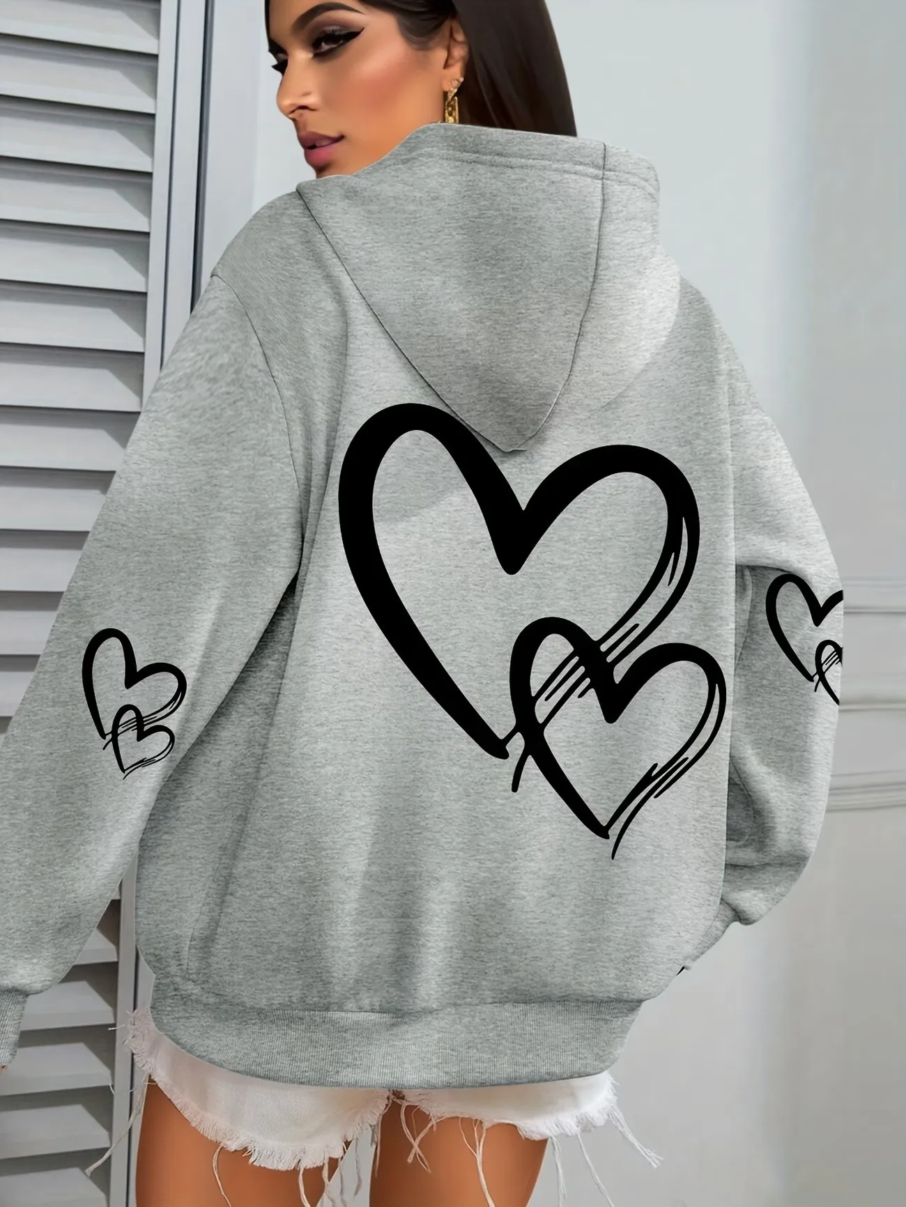 Damen-Kapuzenpullover mit Herzmuster, lässiger Langarm-Pullover mit Taschen, schlichtes Design, Streetwear-Style-Oberteil, im Sonderangebot. – Detail 9