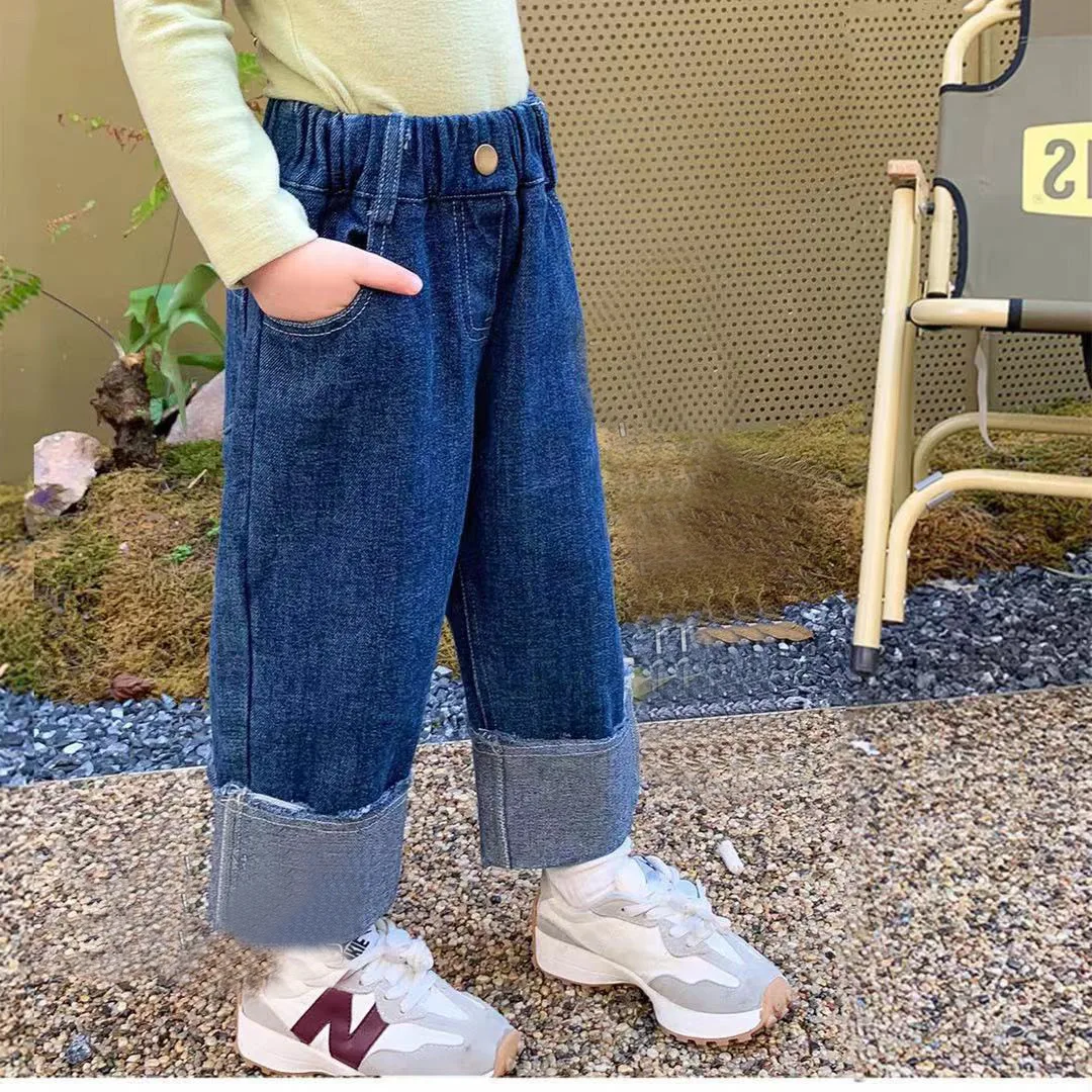 

Girls Trousers Jeans 2024 Spring New Loose Straight Pants Casual Soft Denim Medium Child Cuffed Denim Pants Simple Casual