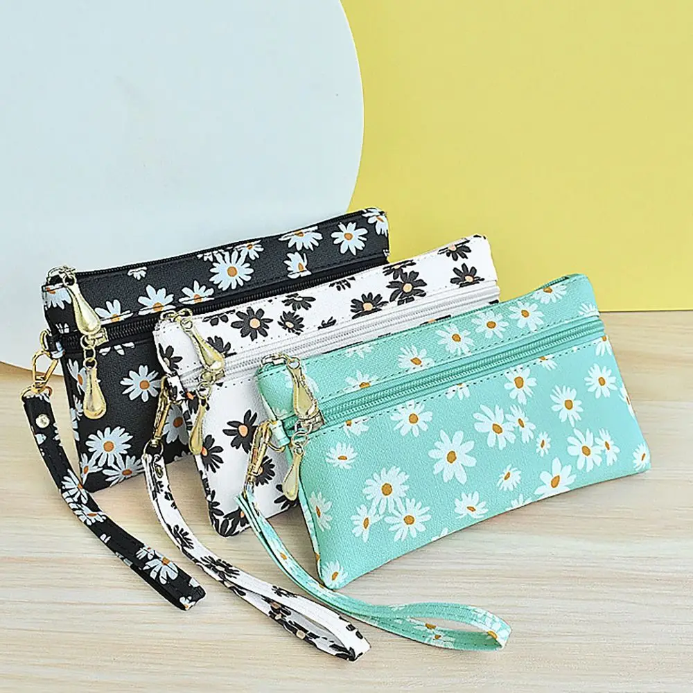 Durable PU Leather Money Coin Purse Wear-resistant Daisy Printed Phone Bag Zipper with wrist strap Pocket Purse for Women Maiden