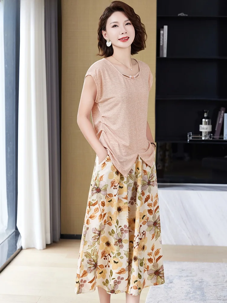 

Модный летний комплект из шелковистой ткани для женщин: топ и брюки свободного кроя в корейском стиле для среднего и старшего возраста