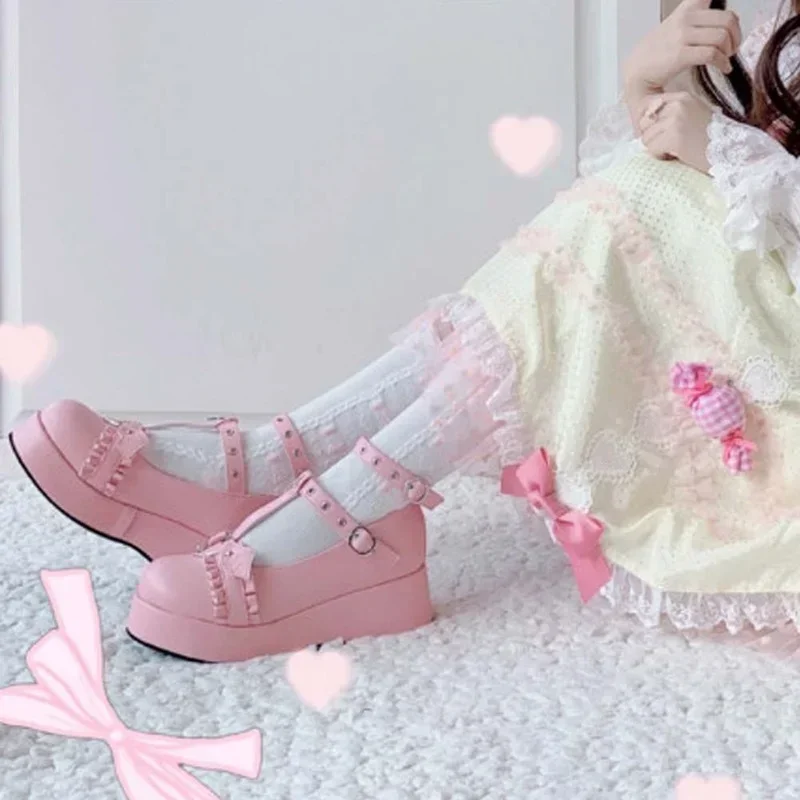 New Brand Girls Platform Wedges with Pink Heart-shaped Buckle Kawaii Lolita Japanese Shoes for Women shoes heels platform shoes