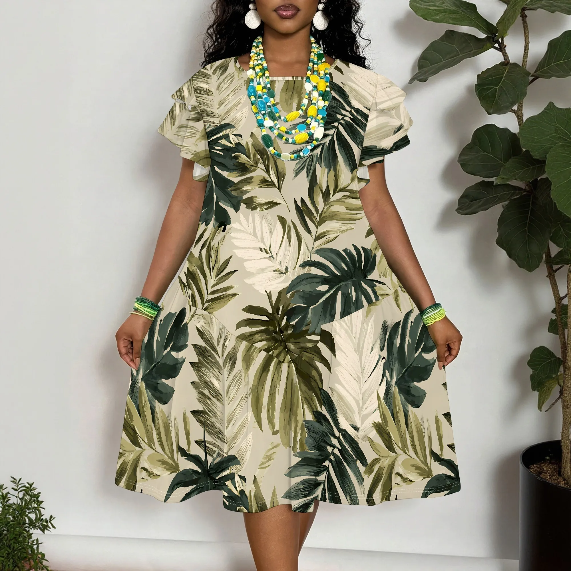 

Tropical Leaf Print Short Sleeve Dress for Women - Casual Summer Beach Mini Dress with Ruffle Sleeves