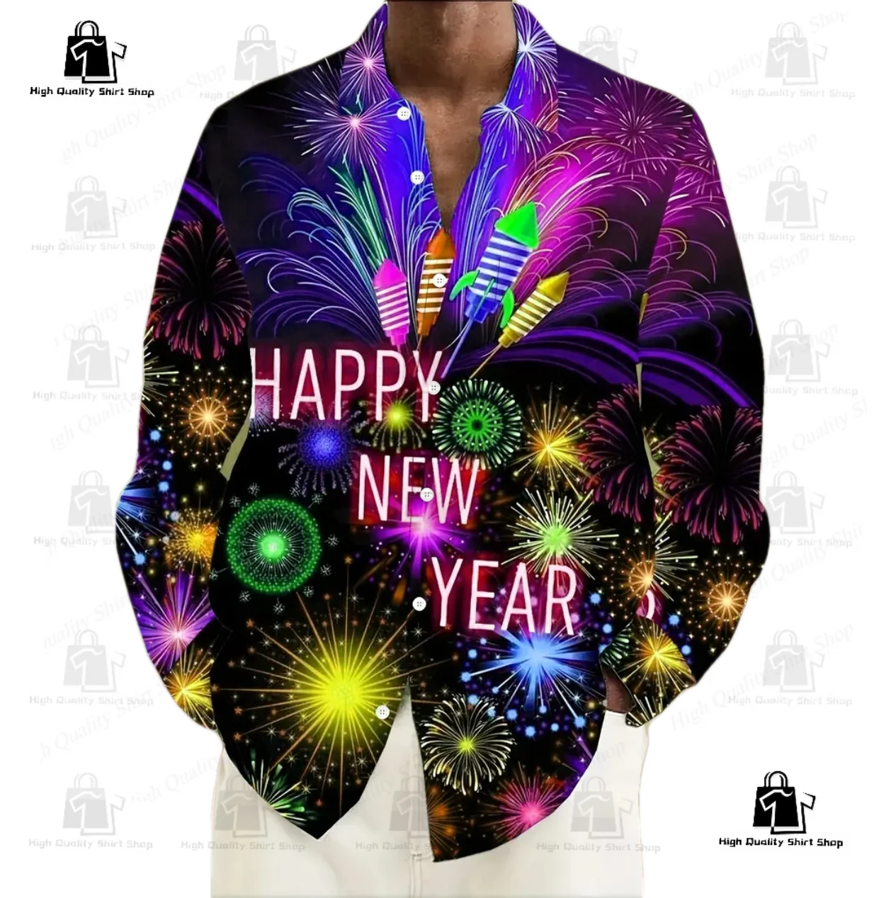 Christmas shirt fireworks graphic men\'s shirt high-definition design fashionable breathable long sleeved shirt button design