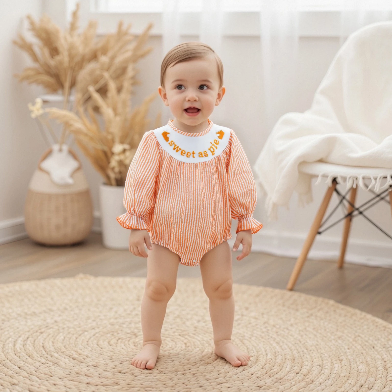 

Baby Girl Thanksgiving Romper Long Sleeve Round Neck Turkey Embroidery Stripes Bodysuit Fall Outfit
