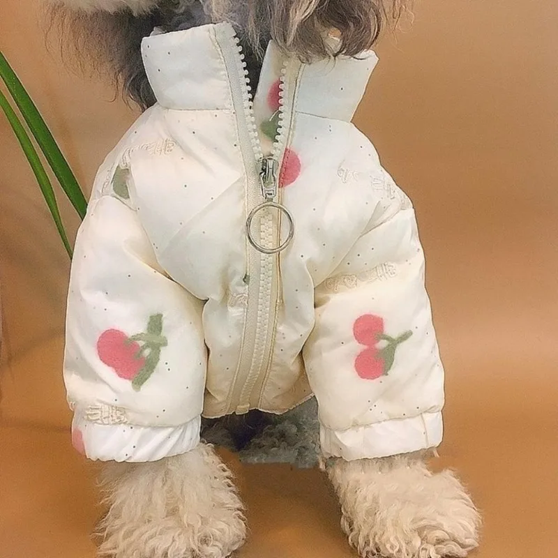 Cute Cherry Cotton Coat Pet Dog Clothes Warm Jacket Dogs Clothing Cat Small Print Winter White Fashion Dog Coat Jackets