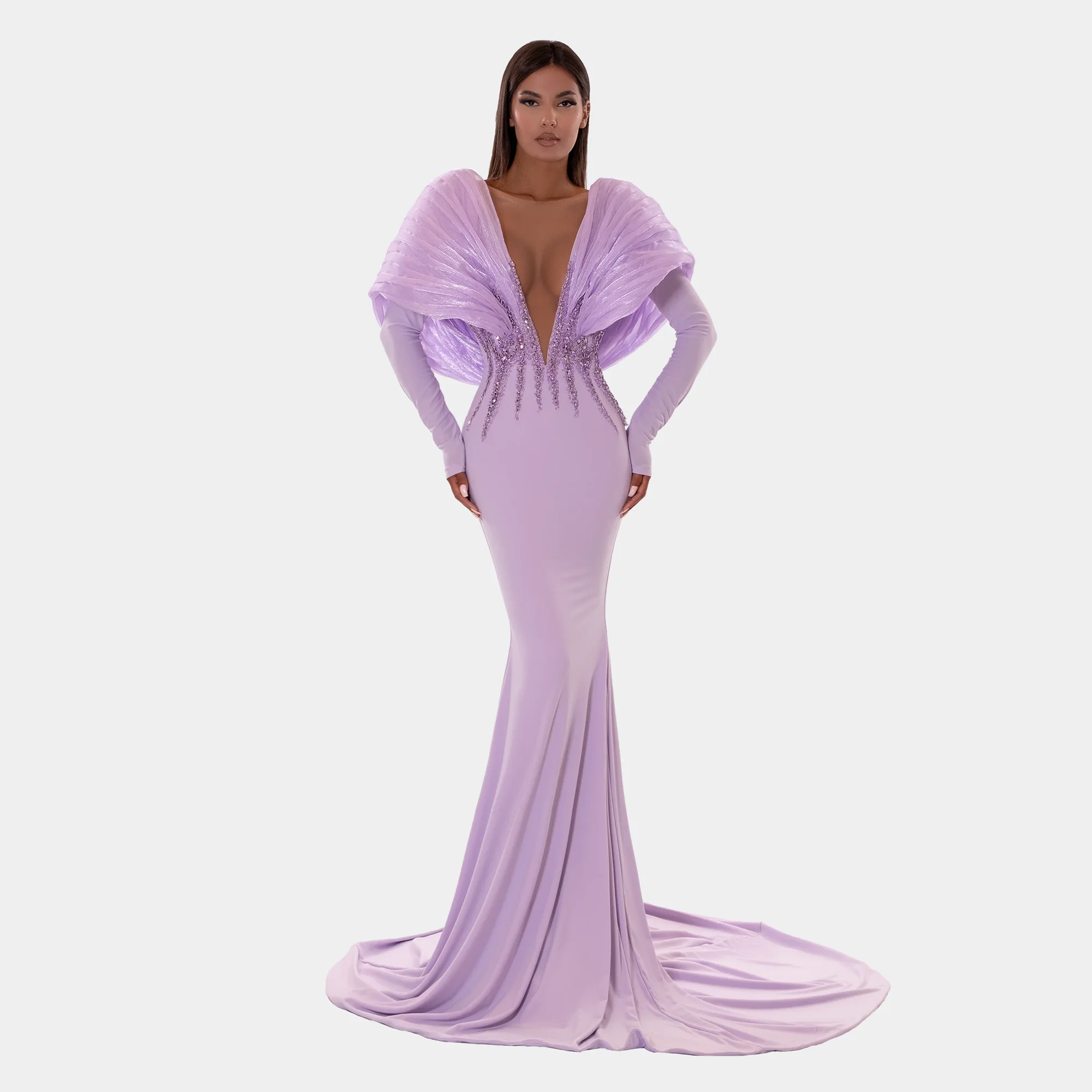 Elegant Lilac Purple Mermaid Prom Dresses with Pleats 3D Shoulder Deep V Neck Beaded Formal Occasion Dress vestidos de fiesta