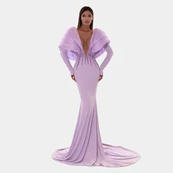 Elegant Lilac Purple Mermaid Prom Dresses with Pleats 3D Shoulder Deep V Neck Beaded Formal Occasion Dress vestidos de fiesta