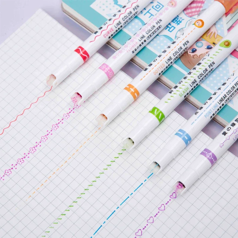 Curved Tip Flower Marker 6Pcs Floral Outline Highlighter Kawaii Graffiti Pen Practical School Study Goods