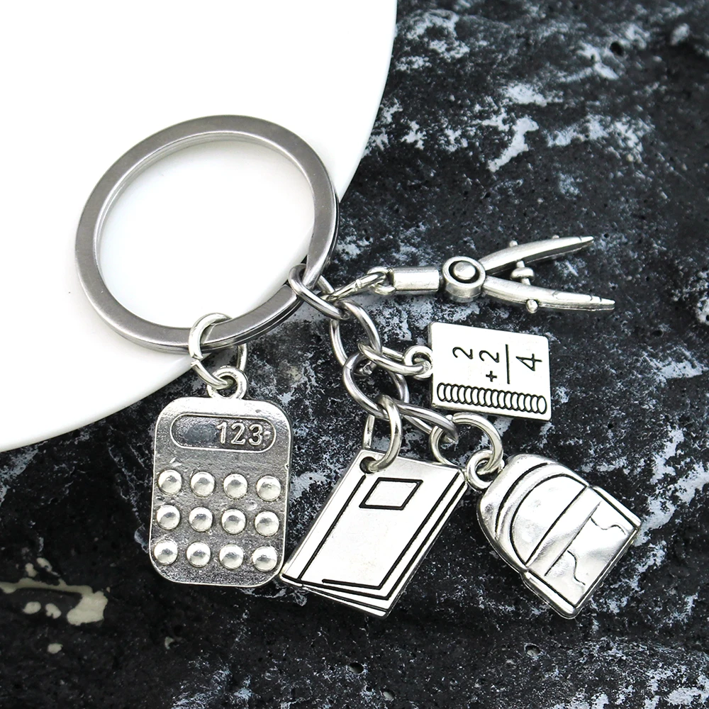 Fashion School Supplies Keychains Calculator Compass Schoolbag Shape Key Rings for Student Teacher Unique Festival Jewelry Gifts