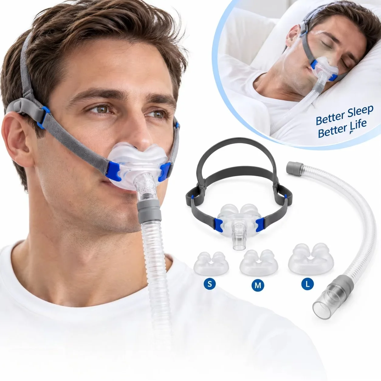 Universal Nasal Pillow Mask Set for CPAP & BiPAP Machines S/M/L Sizes Detachable Headgear and Frame, Comfortable Lightweight Fit
