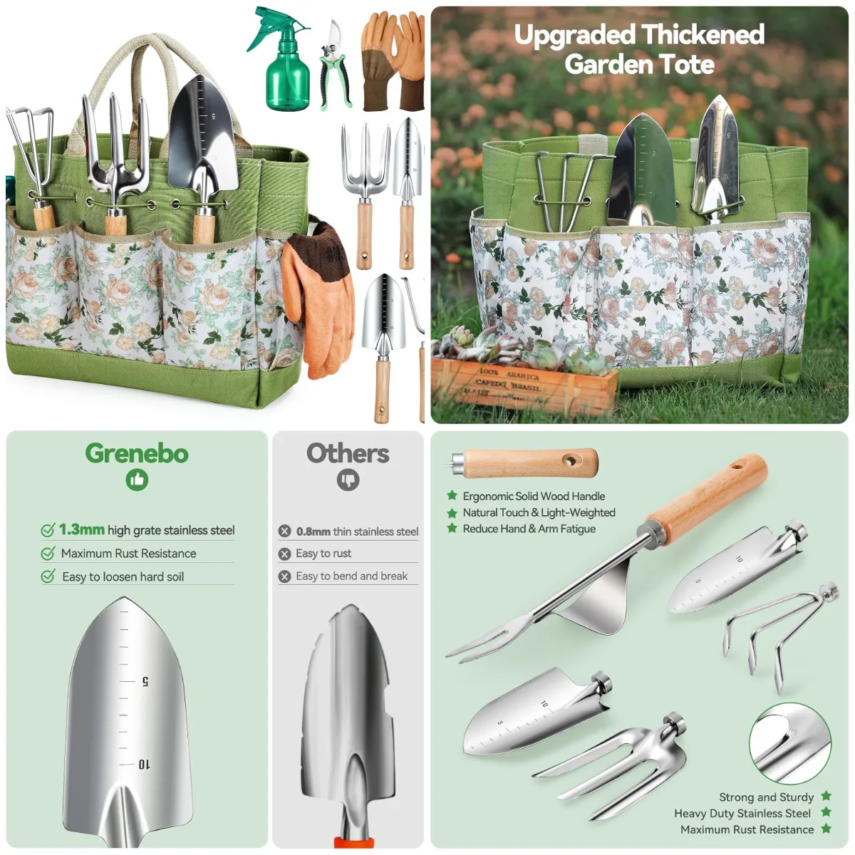 

9-Piece Heavy Duty Garden Tools with Organizer Bag, Rust-Proof Hand Tools Set – Ideal Gardening Gift for Women