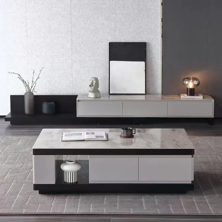 Modern fashion Italian minimalist rock panel TV cabinet coffee table combination living room household storage coffee table