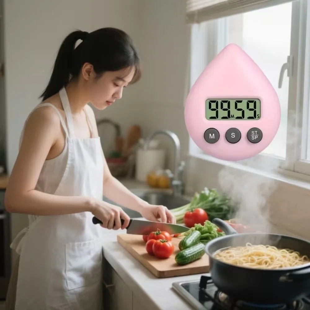 Large LCD Display Kitchen Timer Water Drop Shape Portable Countdown Timer Hanging Hole Multi-Purpose Waterproof Bathroom Clock