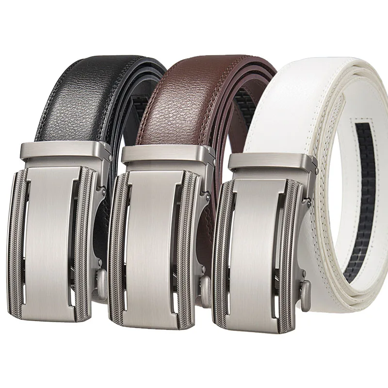 

Luxury Brand Business Cowskin Leather Belt Men Silver Meatl Automatic Buckle Ratchet Belt For Jeans Free Shipping