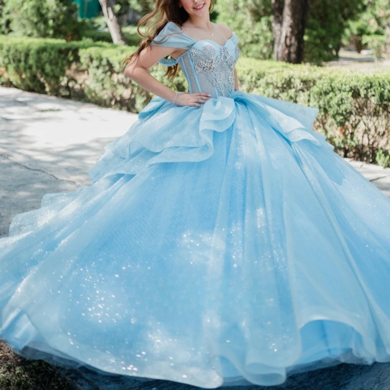 

Небесно-голубое блестящее платье Quinceanera Бальное платье с открытыми плечами и бисером с кристаллами и бантом из тюля Sweet 16, платье Vestidos De 15 Anos