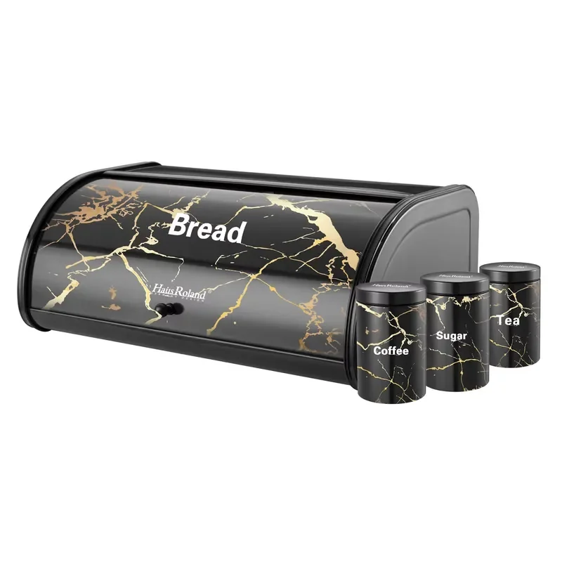 4 Piece Metal Kitchen Storage Canister Set for Bread Sugar Coffee Tea Airtight Container with Roll Top Lid Pantry