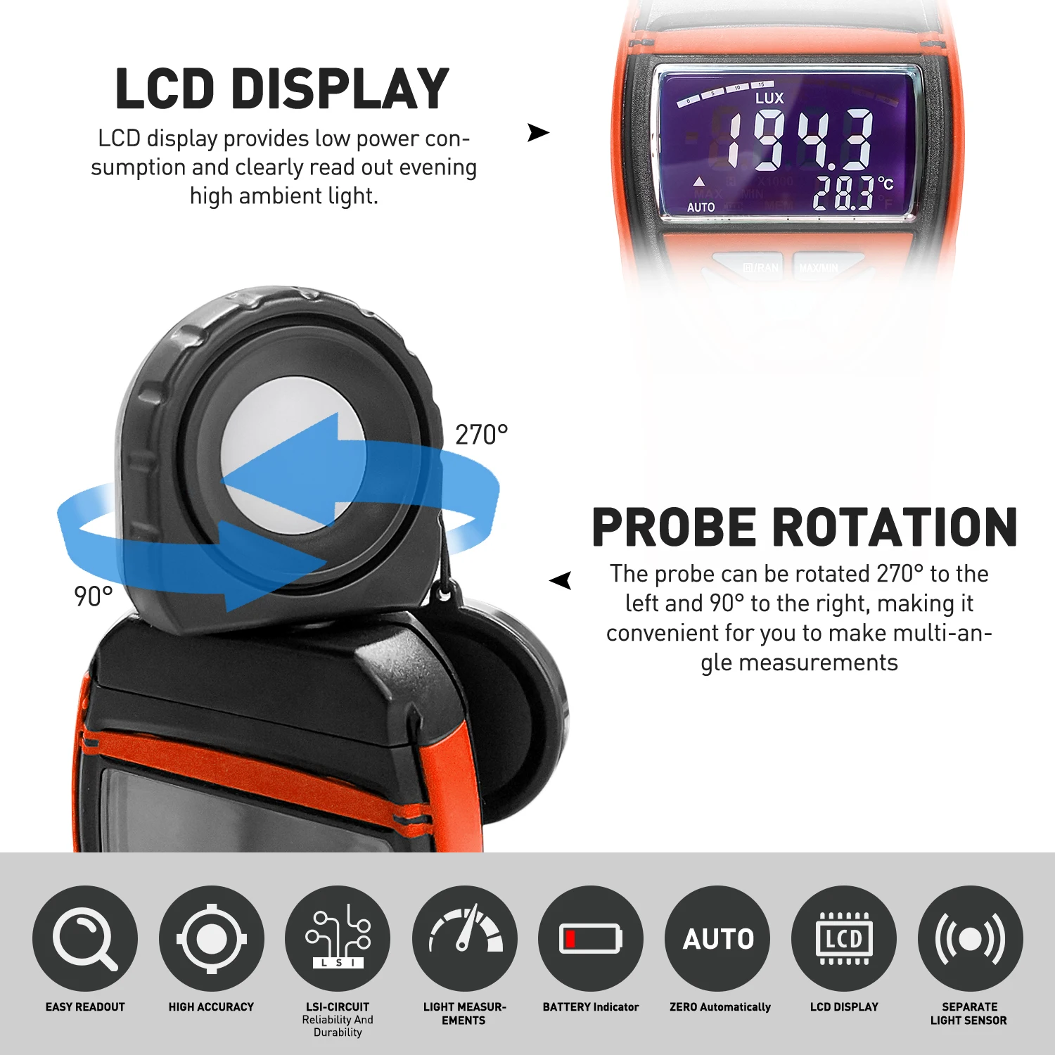 Digital Illuminance Light Tester, Foot Candles, Lumens Detector with Data Storage, HP-8801B, 0.1 ~ 400,000