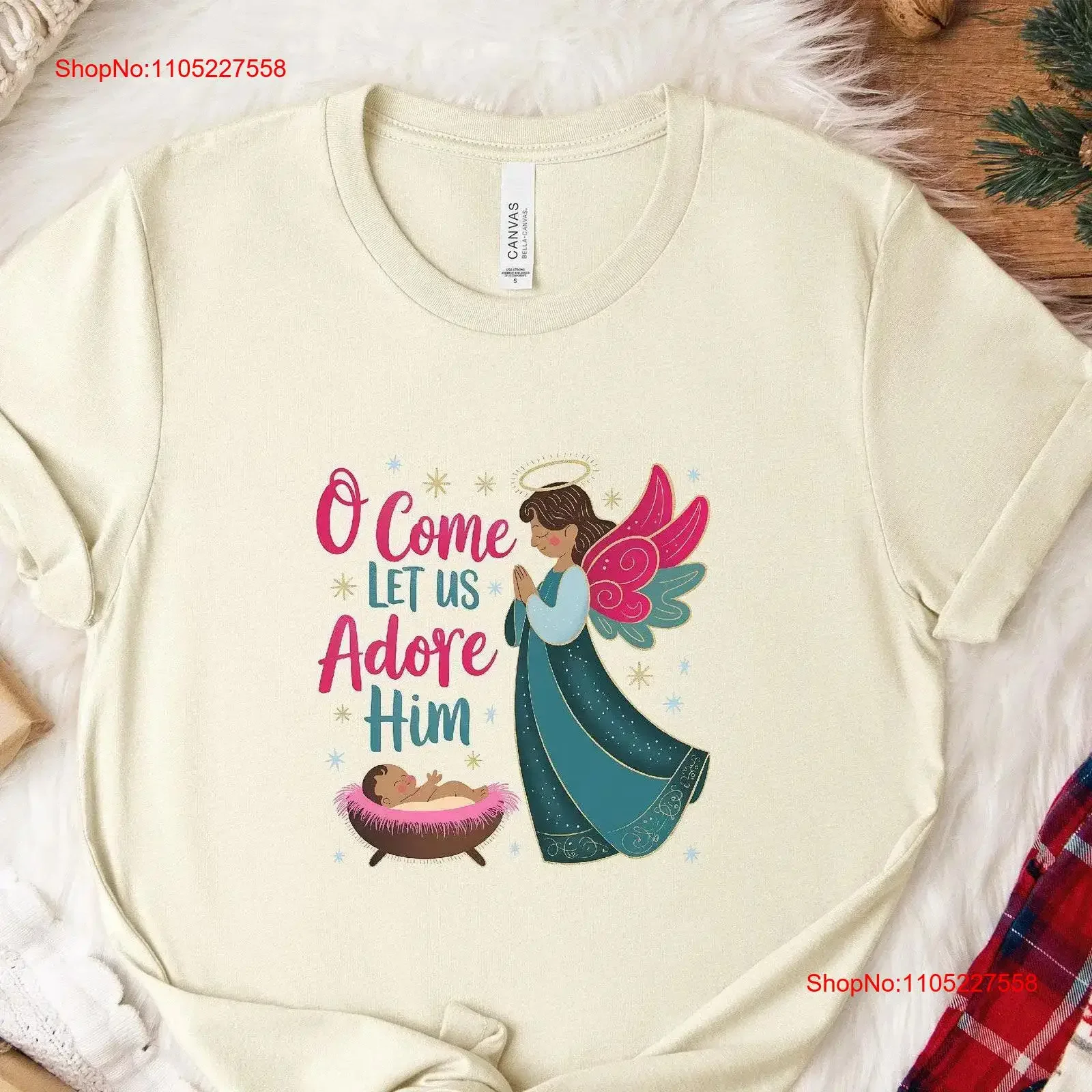 O Come Let Us Adore Him T Shirt Nativity Inspired Angel Design Perfect for Christmas Faith Apparel and Thoughtful Holiday ing