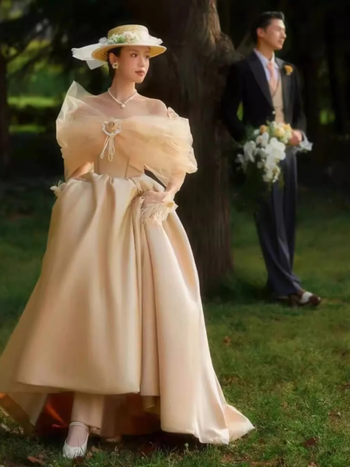 

New Vintage Hepburn Sle One oulder Satin Floor-Length Wedding Dr Outdoor Photo oot Theme Clothing Ele Bridal Gown
