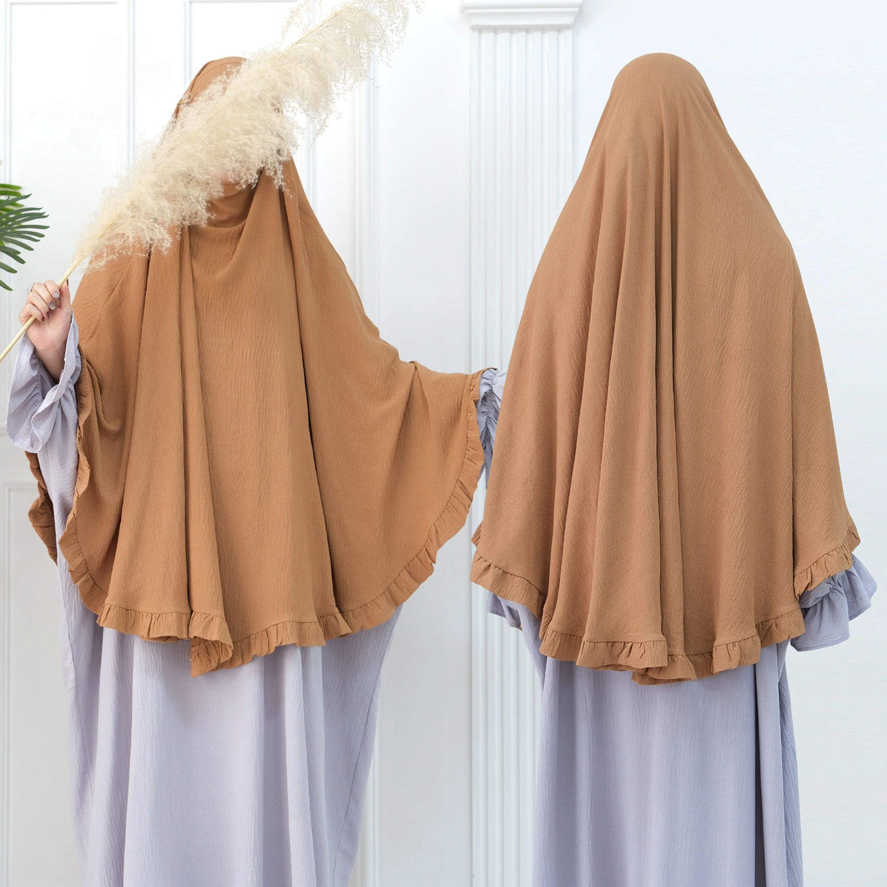 Ruffles Crepe Khimar Long Hijab Scarf Muslim Islamic Clothing Plain Hijabs for Woman Dubai Prayer Overhead Niqab Abaya Voiles