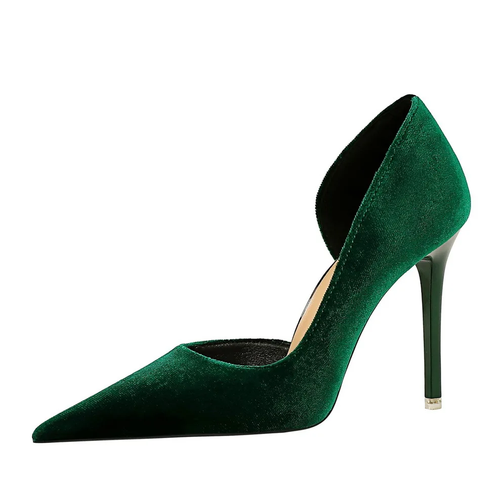 

34-43 Fashion Banquet High Heels Stiletto Pointed Side Hollow Green Shoes For Women Pumps Black