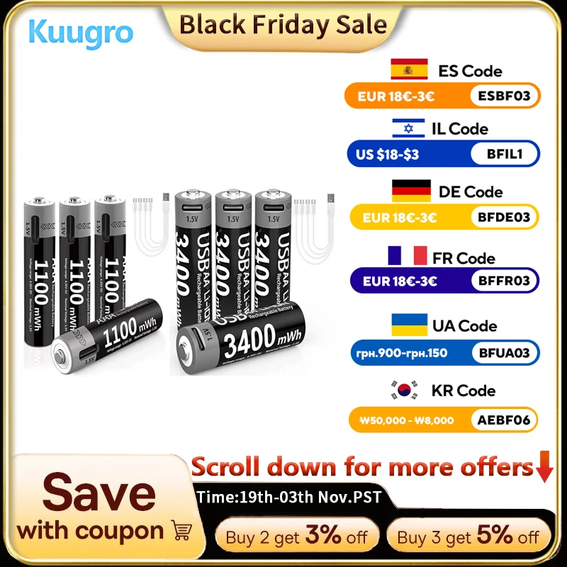 

Kuugro Li-ion AAA and AA Rechargeable Batteries USB Lithium-ion 3400mWh 1.5V AA Rechargeable Batteries+1100mWh 1.5V AAA Battery