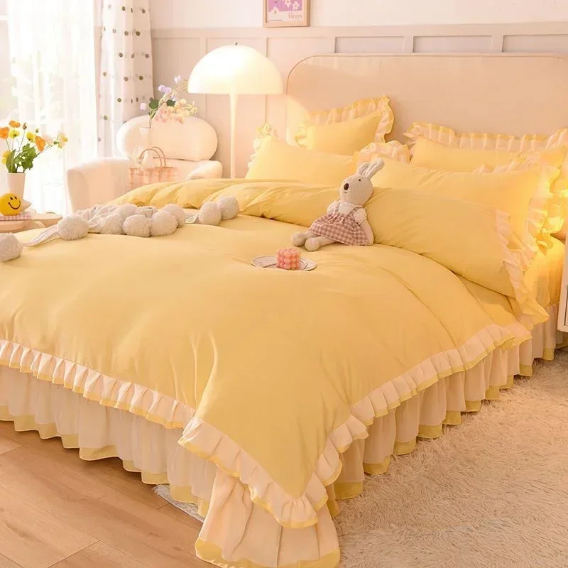 Pink Korean Style Princess Lace Bedding Set Gilr Kids Duvet Cover Bed Sheet And Pillowcase Luxury Bed Linens Decor Bedrrom