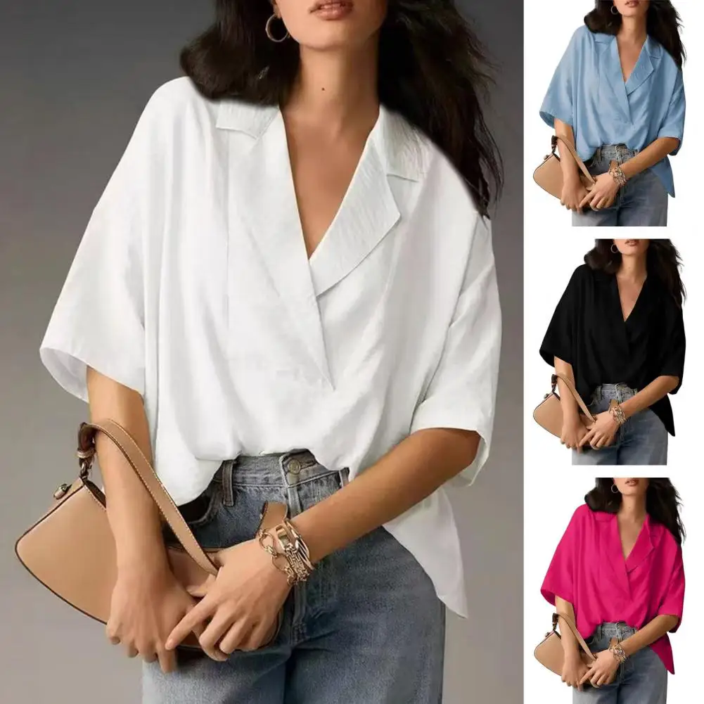 

Women Retro Style Shirt Retro Style Women's Loose Fit Lapel Shirt with Half Sleeves Solid Color Pullover Top for Wear Solid