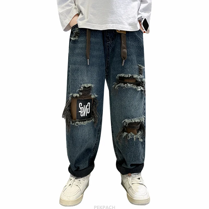 Child Ripped Hole Jeans For Boys Spring Autumn New Arrivals High Quality Broken Trousers Cool Teenage Kids Destroyed Denim Pants
