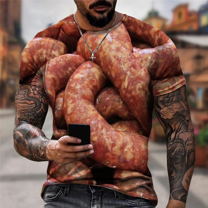 الصيف السجق الغذاء ثلاثية الأبعاد طباعة تي شيرت الشارع الشهير الرجال موضة عادية المتضخم س الرقبة قصيرة الأكمام تي شيرت تيز القمم الملابس