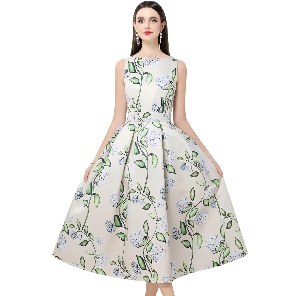 Moda senza maniche O-Collo Abiti per le donne Vita alta Stampa Slim Abito da donna A-LINE Abito da donna Abiti De Verano Mujer Q1963