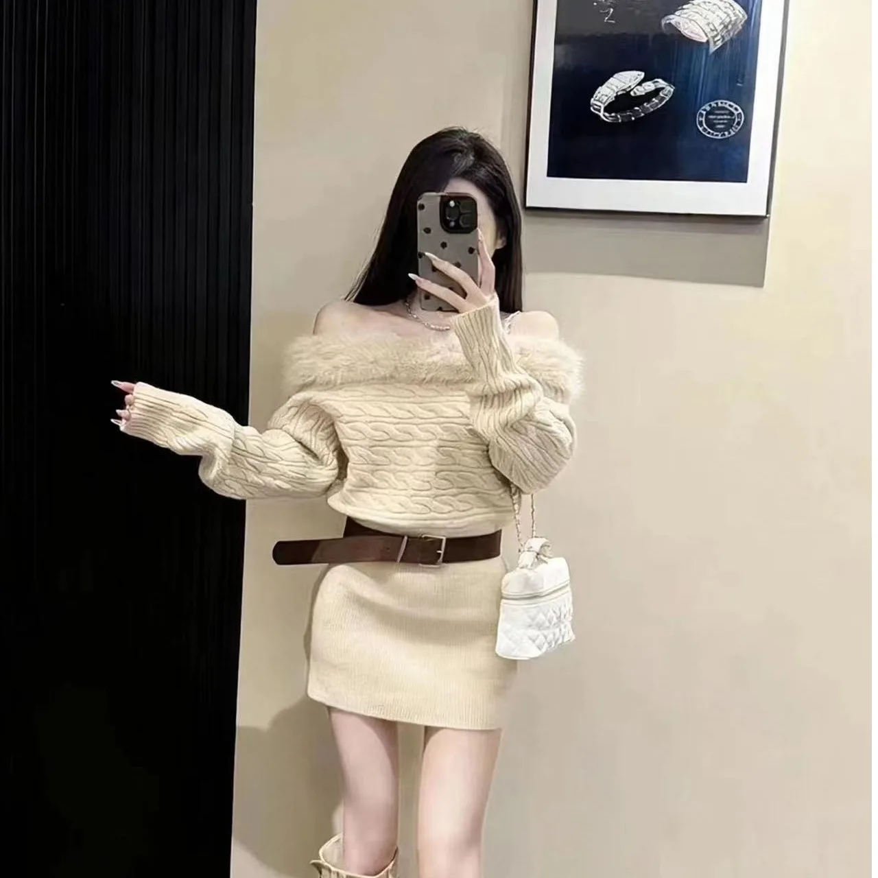 

Зимнее вязаное платье Pure Desire, женское ленивое свободное платье с талией, утягивающее руки, закрывающее плечо, пушистое лоскутное шитье