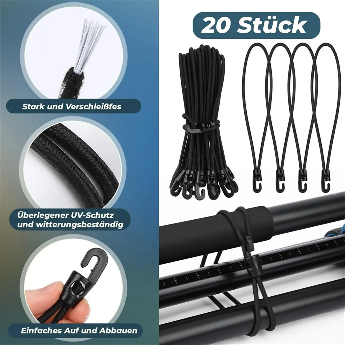 A20I Bungee Cord with Hooks, Pack of 20 Expander with Hooks, 25 cm, Multifunctional Tensioner,for Tents, Nets, Camping