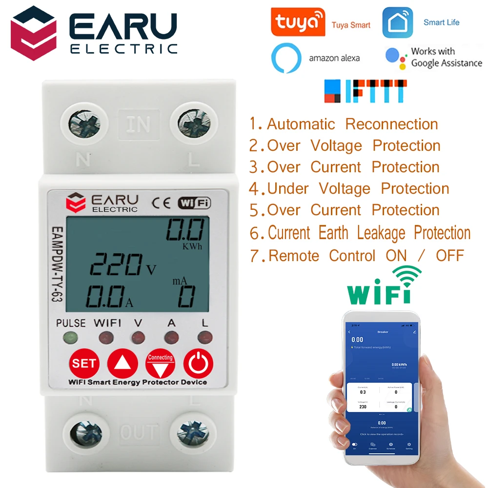 

2P 63A TUYA APP WiFi Smart Circuit Earth Leakage Over Under Voltage Protector Relay Device Switch Breaker Energy Power kWh Meter