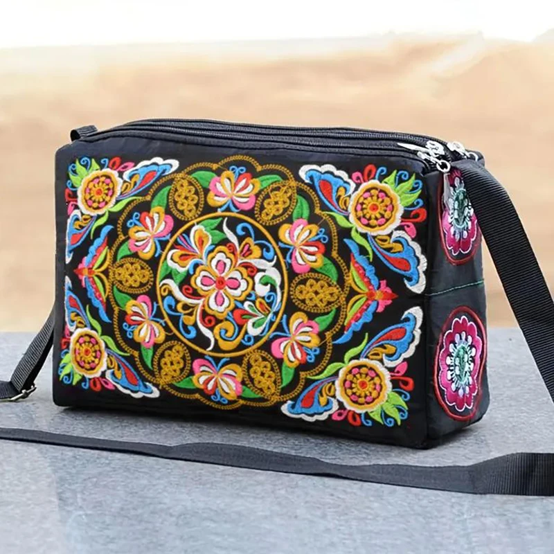 Shoulder Bag Yunnan Ethnic Style Embroidered Bag Crossbody Bag Women Bag Enlarged Three Zipper Fabric Bag Large Capacity Square