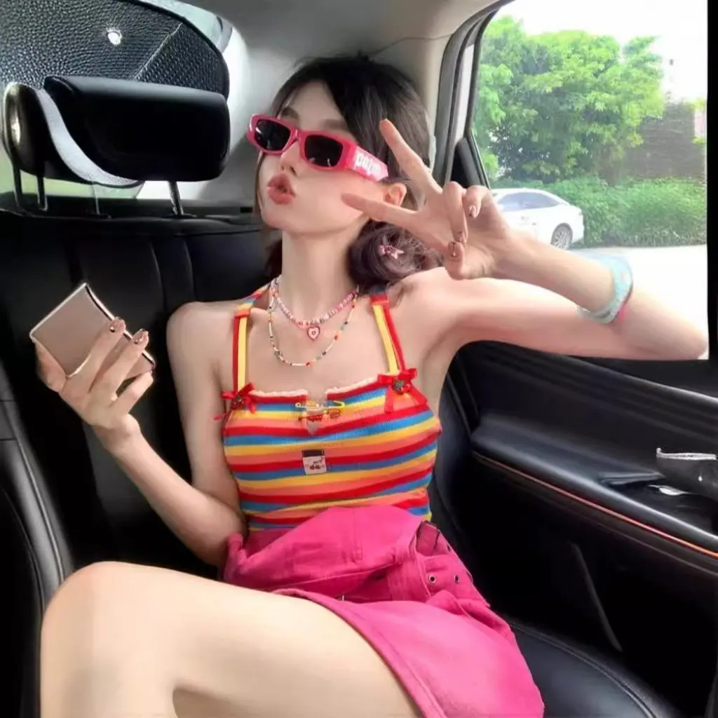 

Sweet Hot Girl Cross Strap Camisole Sleeveless Striped Design French Niche Style Women's Top Outer Wear