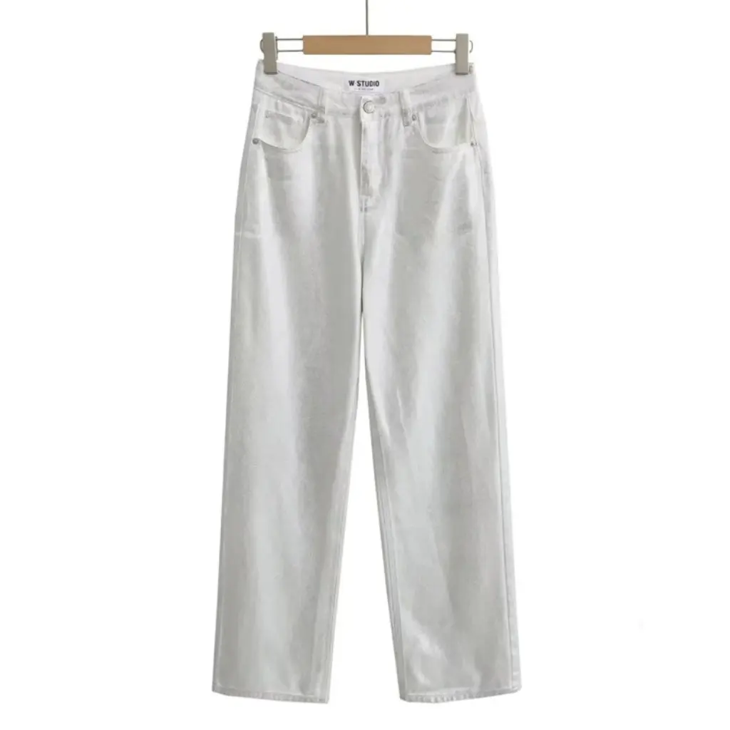 

Personalized High Waist Loose Casual Denim Trousers Metal Trendy Wide Leg Straight Pants with Pockets Solid Color for Autumn