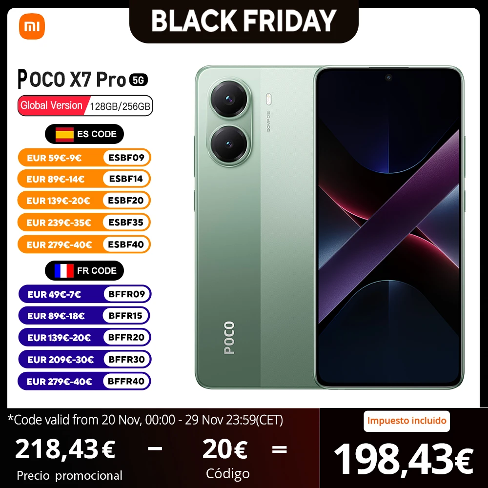 POCO X7 Pro 5G Versión Europea 256BG/512GB Dimensity 8400 Ultra Pantalla AMOLED 6,67", 120Hz, Batería de 6000mAh, 90W, 50MP, NFC