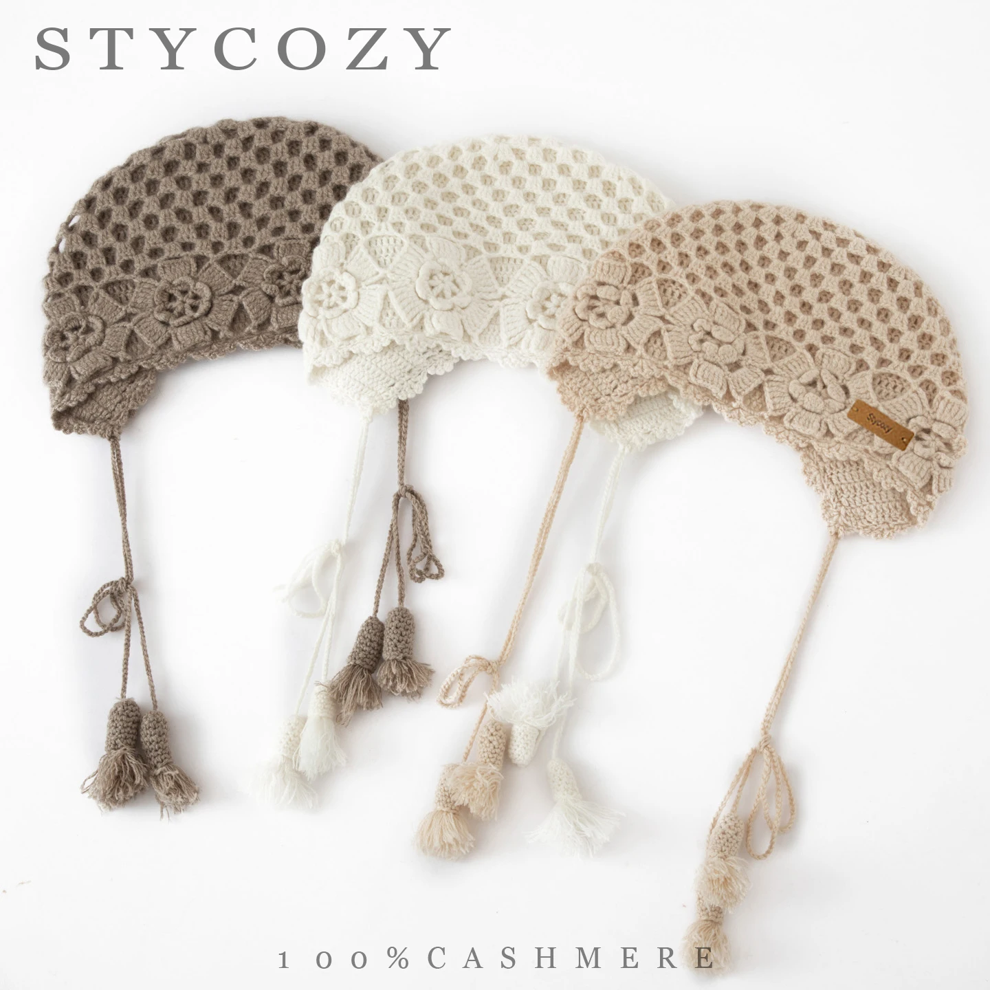 100% Cashmere Hollow Out Knitted Hat Women Fashion Tassel 3DCrochet Vintage Floral Hat Bonnet Winter Coldproof Earflap Beanie