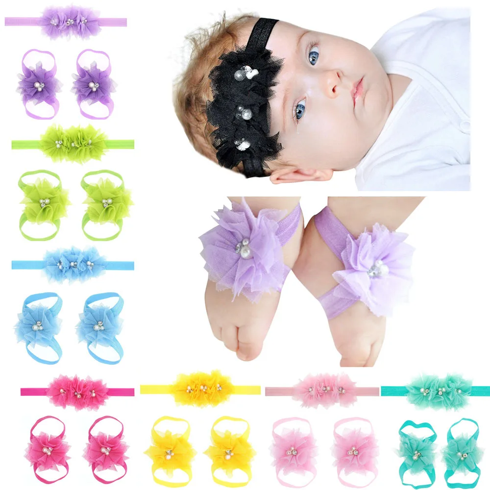 3Pcs/Set Hair Bandage Foot Band Headband Ribbon FlowerTurban Children Newborn Kids Headwear Baby Girl Accessory Soft Photo Props