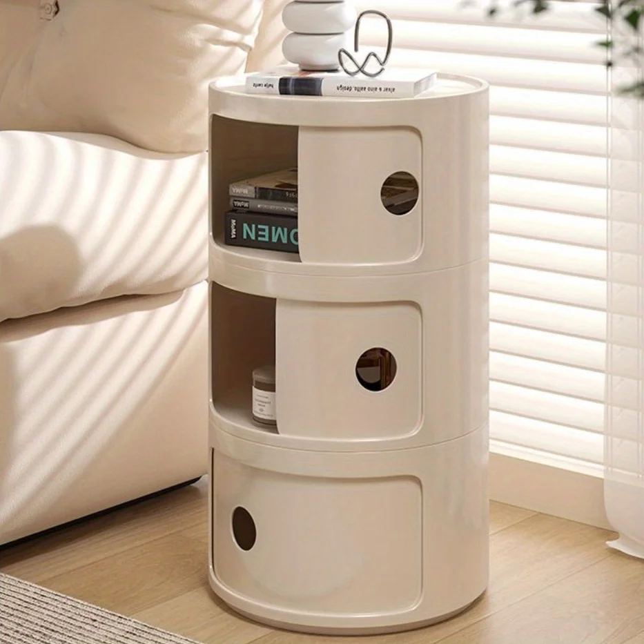 Modern Circular Bedside Table with Storage Cubbies - Painted Finish, Durable Plastic Nightstand with Mini Cabinet for Bedroom