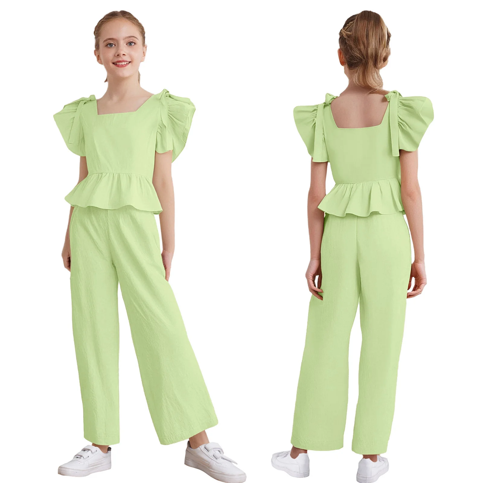 

Kids Girls Casual Outfit 2-Piece Self-Tie Bowknot Ruffle Sleeves Peplum Top+ Wide-Leg Pants for Holiday Picnic Vacation Beach